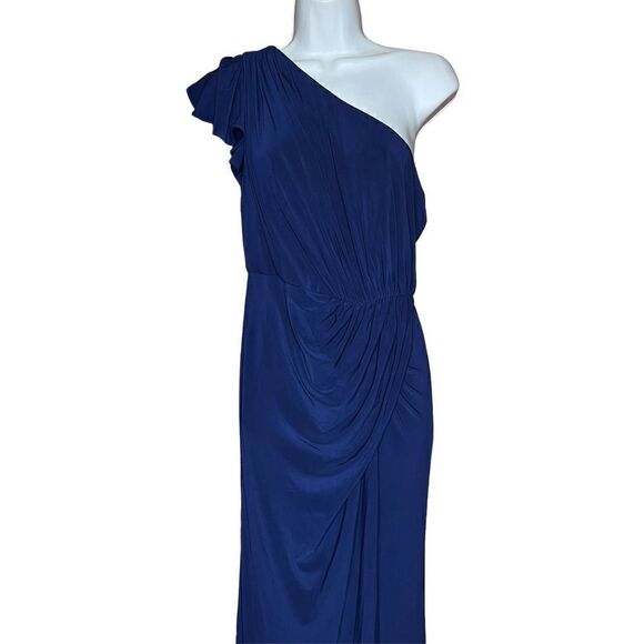Mac Duggal Ruffle One-Shoulder Jersey Gown in Navy NWT Size 4 - Picture 6 of 10